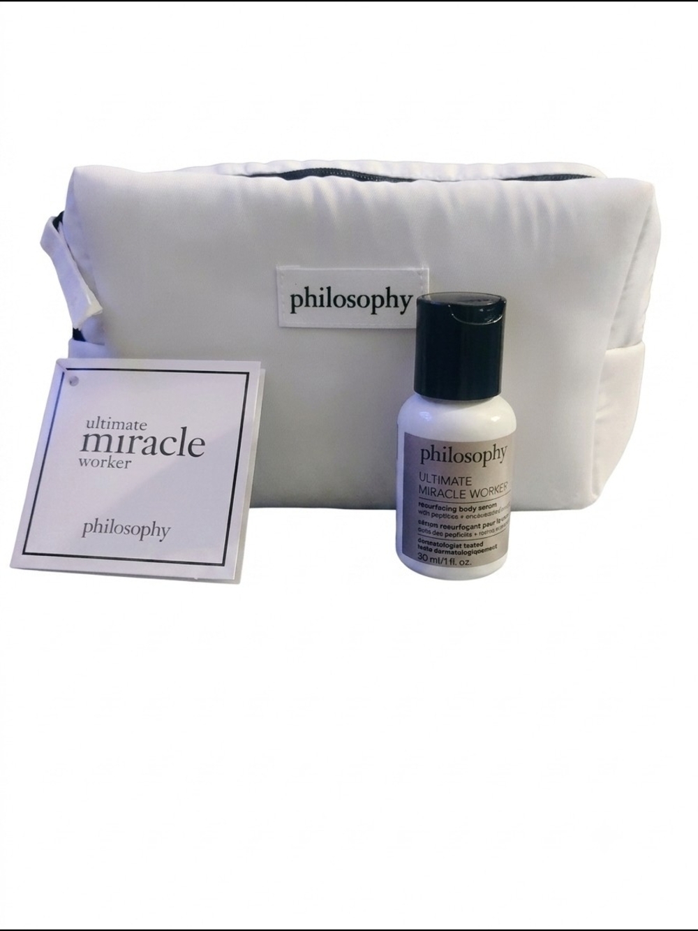 philosophy White Cosmetic Pouch with Mini Miracle Worker Serum NWT
